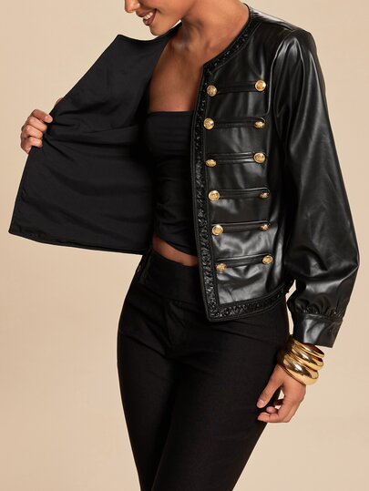 Travachic Women's Black PU Napoleon Jacket Autumn/Fall Winter Gym&Going Out Black Coat Autumn/Fall Winter Gym&Going Out Black Coat