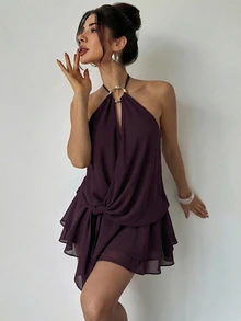 Firerie 女款深紫色夏季優雅派對晚宴掛脖迷你洋裝，露背綁帶飄逸雞尾酒洋裝，適合海灘度假度假村穿著 - 中紫紅色 - 查看 3
