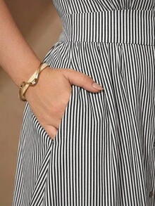 Chikora 大码女士优雅亚麻棉V领休闲办公连衣裙 - 黑與白 - 查看 7
