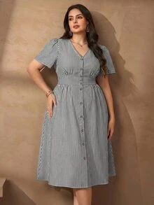 Chikora 大码女士优雅亚麻棉V领休闲办公连衣裙 - 黑與白 - 查看 5