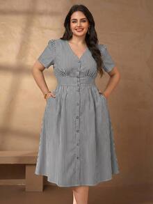 Chikora 大码女士优雅亚麻棉V领休闲办公连衣裙 - 黑與白 - 查看 6