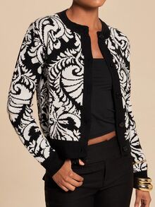 Travachic Cardigan Rajut Kancing Depan Motif Bunga Boho untuk Wanita, Kerah Bulat, Mantel Ringan Lengan Panjang, Jaket Rajut Vintage untuk Musim Gugur, Musim Semi, dan Musim Dingin. - Hitam dan Putih - View 3