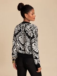 Travachic Cardigan Rajut Kancing Depan Motif Bunga Boho untuk Wanita, Kerah Bulat, Mantel Ringan Lengan Panjang, Jaket Rajut Vintage untuk Musim Gugur, Musim Semi, dan Musim Dingin. - Hitam dan Putih - View 6