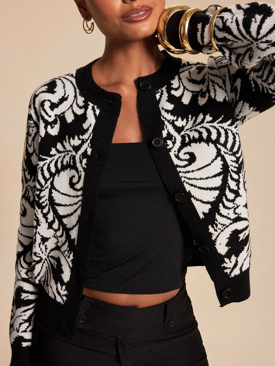 Travachic Cardigan Rajut Kancing Depan Motif Bunga Boho untuk Wanita, Kerah Bulat, Mantel Ringan Lengan Panjang, Jaket Rajut Vintage untuk Musim Gugur, Musim Semi, dan Musim Dingin.