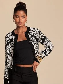Travachic Cardigan Rajut Kancing Depan Motif Bunga Boho untuk Wanita, Kerah Bulat, Mantel Ringan Lengan Panjang, Jaket Rajut Vintage untuk Musim Gugur, Musim Semi, dan Musim Dingin. - Hitam dan Putih - View 5