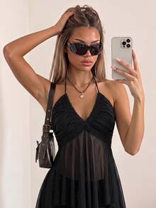 SHEIN ICON Camisola con diseño asimétrico de rejilla y parches con cruce en el cuello para mujer - Negro - Ver 3