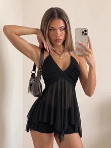 SHEIN ICON Camisola con diseño asimétrico de rejilla y parches con cruce en el cuello para mujer - Negro - Ver 2