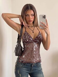 SHEIN ICON 女士性感 Y2K 亮片网眼露背挂脖上衣 - 咖啡棕 - 查看 3