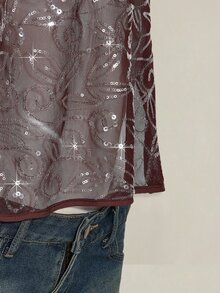 SHEIN ICON 女士性感 Y2K 亮片网眼露背挂脖上衣 - 咖啡棕 - 查看 11
