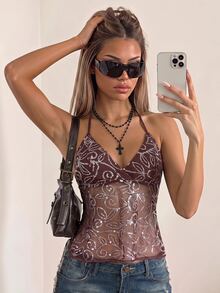SHEIN ICON 女士性感 Y2K 亮片网眼露背挂脖上衣 - 咖啡棕 - 查看 2