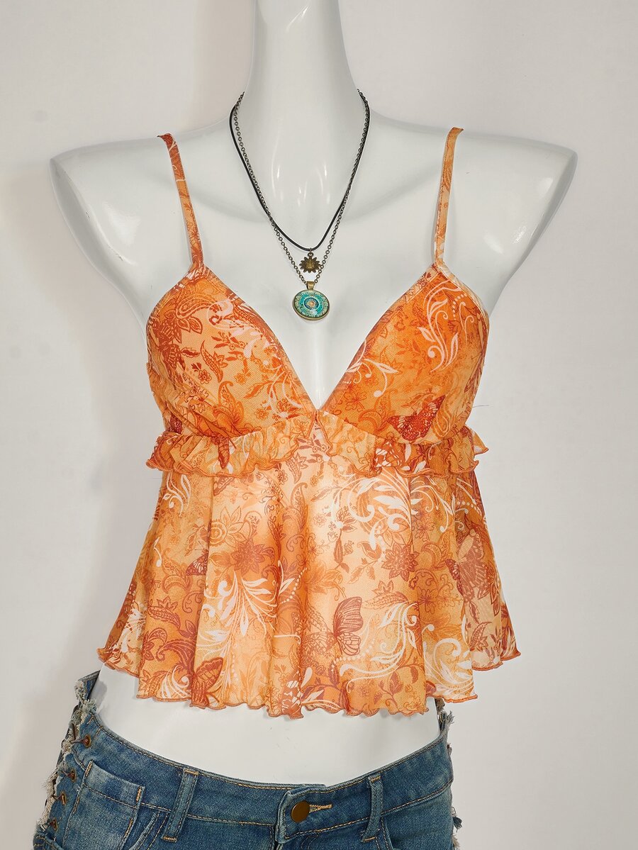 SHEIN ICON Atasan Tank Top Camisole Wanita Motif Tanaman dengan Hem Berkerut untuk Liburan, Atasan Rave Liburan Musim Panas Motif Bunga Beige Gaya Boho Tropis - MultiWarna - View 1