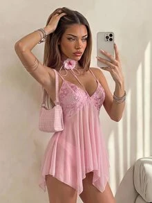 SHEIN ICON Women's Pink Sequin Embroidered V-Neck Mesh Patchwork Asymmetrical Hem Ruffle Cami Mini Dress, Figure-Hugging Sexy,Party Dresses For Women - Pink - View 3