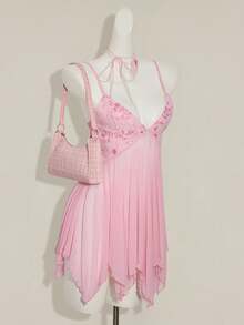 SHEIN ICON Women's Pink Sequin Embroidered V-Neck Mesh Patchwork Asymmetrical Hem Ruffle Cami Mini Dress, Figure-Hugging Sexy,Party Dresses For Women - Pink - View 1