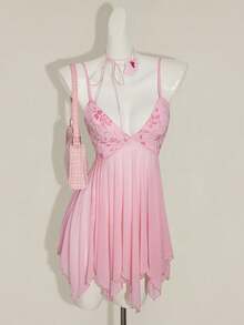 SHEIN ICON Women's Pink Sequin Embroidered V-Neck Mesh Patchwork Asymmetrical Hem Ruffle Cami Mini Dress, Figure-Hugging Sexy,Party Dresses For Women - Pink - View 7