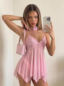 SHEIN ICON Women's Pink Sequin Embroidered V-Neck Mesh Patchwork Asymmetrical Hem Ruffle Cami Mini Dress, Figure-Hugging Sexy,Party Dresses For Women - Pink - View 2