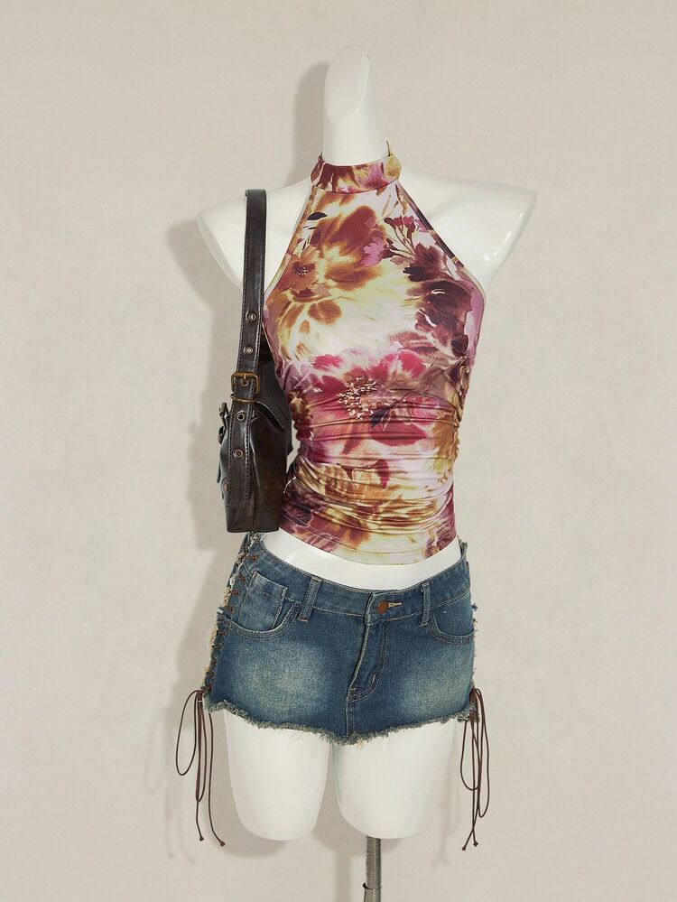 SHEIN ICON Women's Backless Floral Print Halter Top,Beige,Summer,Street Wear Y2k Sexy,Club Vacation Night,Boho Country Music Festival Scarf Crop Top,T-Shirt - Multicolor - View 7