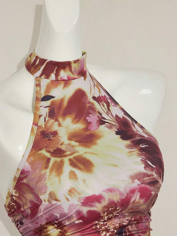 SHEIN ICON Women's Backless Floral Print Halter Top,Beige,Summer,Street Wear Y2k Sexy,Club Vacation Night,Boho Country Music Festival Scarf Crop Top,T-Shirt - Multicolor - View 11