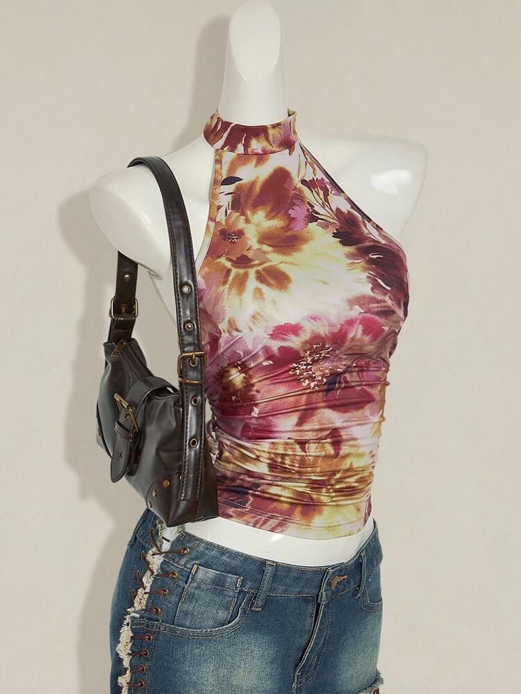 SHEIN ICON Women's Backless Floral Print Halter Top,Beige,Summer,Street Wear Y2k Sexy,Club Vacation Night,Boho Country Music Festival Scarf Crop Top,T-Shirt - Multicolor - View 1