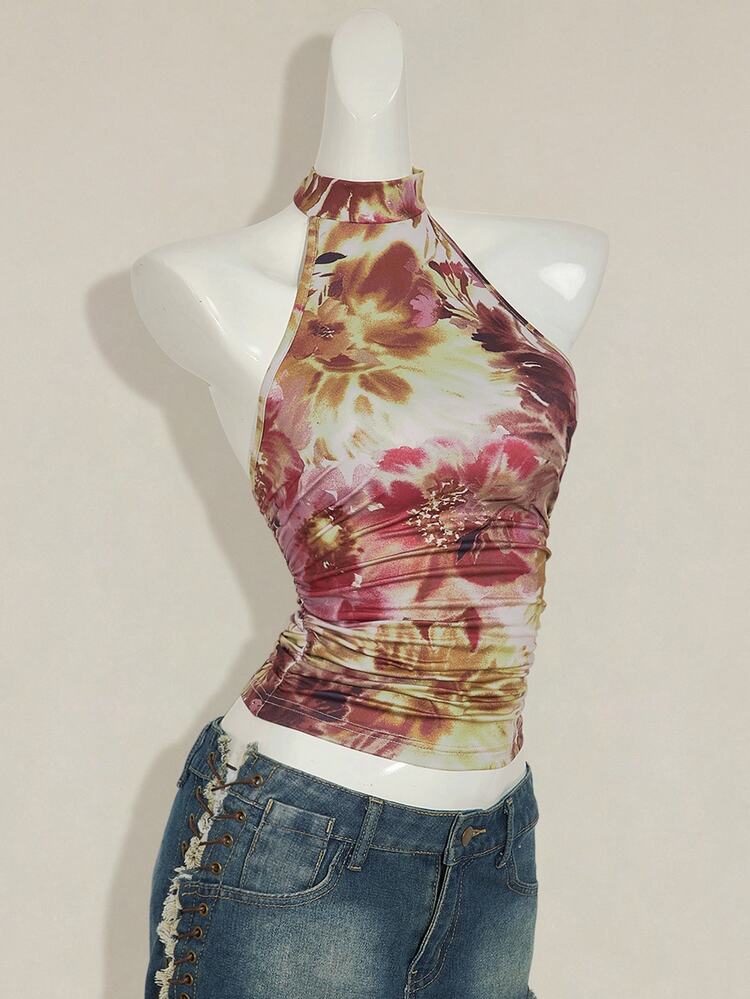 SHEIN ICON Women's Backless Floral Print Halter Top,Beige,Summer,Street Wear Y2k Sexy,Club Vacation Night,Boho Country Music Festival Scarf Crop Top,T-Shirt - Multicolor - View 9