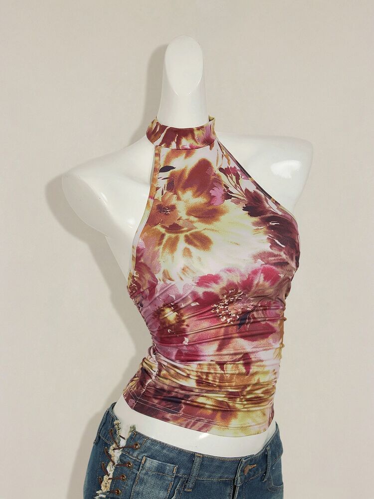 SHEIN ICON Women's Backless Floral Print Halter Top,Beige,Summer,Street Wear Y2k Sexy,Club Vacation Night,Boho Country Music Festival Scarf Crop Top,T-Shirt - Multicolor - View 10