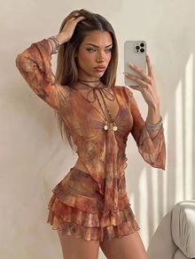 SHEIN ICON Vintage Sexy Distressed Print Cardigan Mesh Top Layered Hem Skirt 2 Pieces Set For Women Night Out Brown Autumn - Rust Brown - View 5