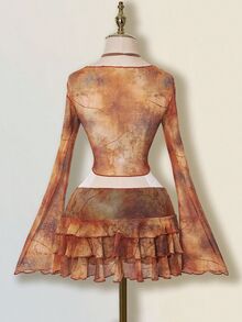 SHEIN ICON Vintage Sexy Distressed Print Cardigan Mesh Top Layered Hem Skirt 2 Pieces Set For Women Night Out Brown Autumn - Rust Brown - View 4