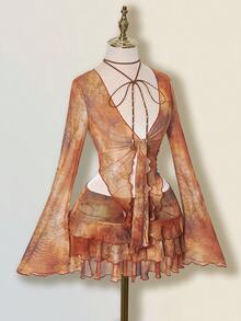 SHEIN ICON Vintage Sexy Distressed Print Cardigan Mesh Top Layered Hem Skirt 2 Pieces Set For Women Night Out Brown Autumn - Rust Brown - View 6