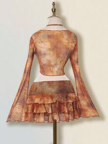 SHEIN ICON Vintage Sexy Distressed Print Cardigan Mesh Top Layered Hem Skirt 2 Pieces Set For Women Night Out Brown Autumn - Rust Brown - View 10