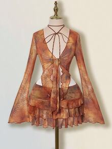 SHEIN ICON Vintage Sexy Distressed Print Cardigan Mesh Top Layered Hem Skirt 2 Pieces Set For Women Night Out Brown Autumn - Rust Brown - View 3