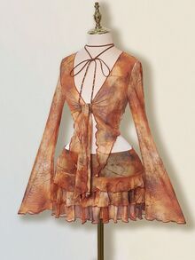 SHEIN ICON Vintage Sexy Distressed Print Cardigan Mesh Top Layered Hem Skirt 2 Pieces Set For Women Night Out Brown Autumn - Rust Brown - View 1