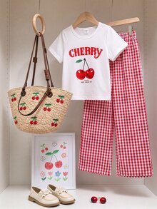 SHEIN Genkimix Kids 2件組女孩櫻桃印花短袖圓領T恤與長褲，時尚夏季女童套裝，7歲生日幼兒園白色 - 彩色 - 查看 4
