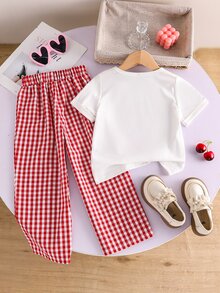 SHEIN Genkimix Kids 2件組女孩櫻桃印花短袖圓領T恤與長褲，時尚夏季女童套裝，7歲生日幼兒園白色 - 彩色 - 查看 3
