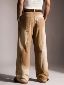 FeverCity Men's Patchwork Contrast Color Washed Vintage Long Pants - Beige - View 2