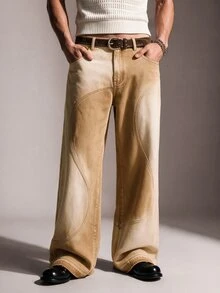 FeverCity Men's Patchwork Contrast Color Washed Vintage Long Pants - Beige - View 5
