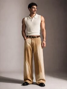 FeverCity Men's Patchwork Contrast Color Washed Vintage Long Pants - Beige - View 4
