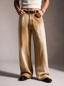 FeverCity Men's Patchwork Contrast Color Washed Vintage Long Pants - Beige - View 1