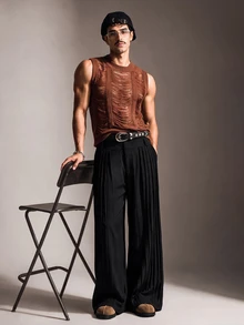 FeverCity Men's Solid Color Hollow Knit Vest - Brown - View 6