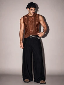 FeverCity Men's Solid Color Hollow Knit Vest - Brown - View 7