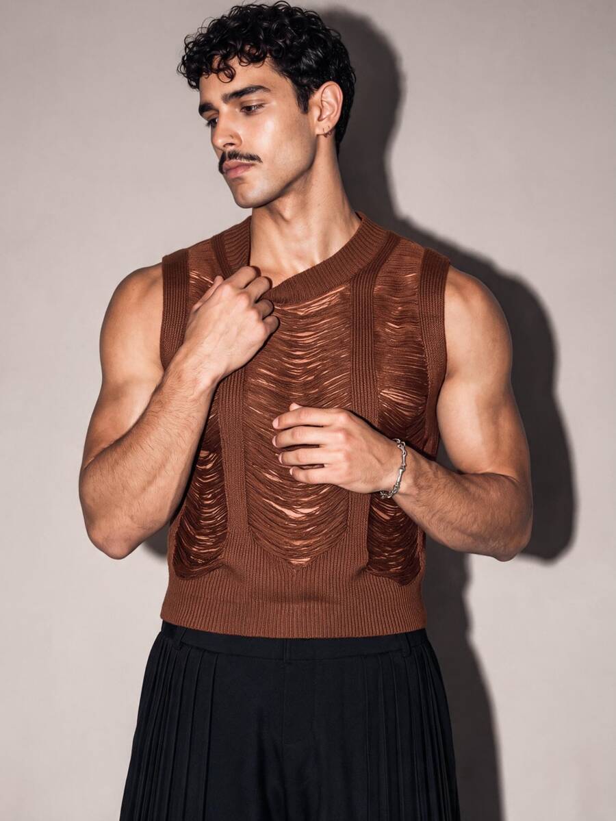 FeverCity Men's Solid Color Hollow Knit Vest - Brown - View 1