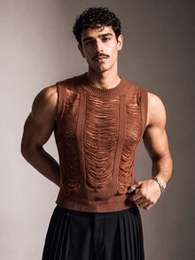 FeverCity Men's Solid Color Hollow Knit Vest - Brown - View 5