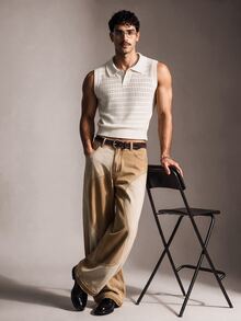 FeverCity Men's Solid Color Hollow Design Polo Collar Knit Vest - Apricot - View 3