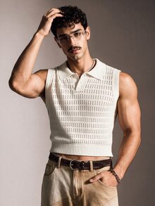 FeverCity Men's Solid Color Hollow Design Polo Collar Knit Vest - Apricot - View 5