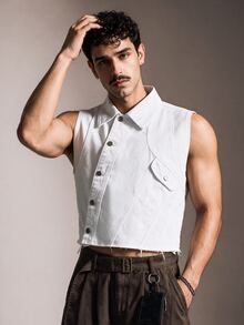 FeverCity Men's Washed Solid Color Sleeveless Top - White - View 3
