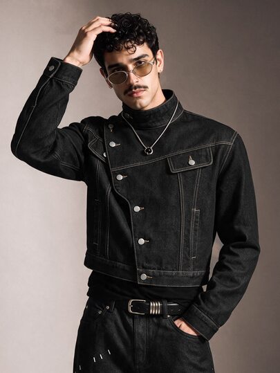FeverCity Men's Washed Black & Grey Asymmetrical Placket Long Sleeve Jacket