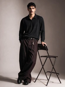 FeverCity Men's Casual Versatile Solid Color Long Sleeve Shirt - Black - View 4