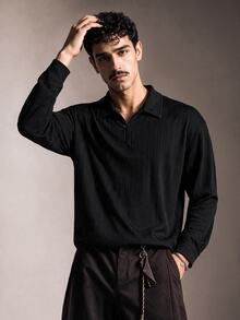 FeverCity Men's Casual Versatile Solid Color Long Sleeve Shirt - Black - View 3