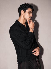 FeverCity Men's Casual Versatile Solid Color Long Sleeve Shirt - Black - View 5