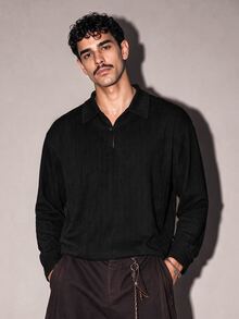 FeverCity Men's Casual Versatile Solid Color Long Sleeve Shirt - Black - View 1