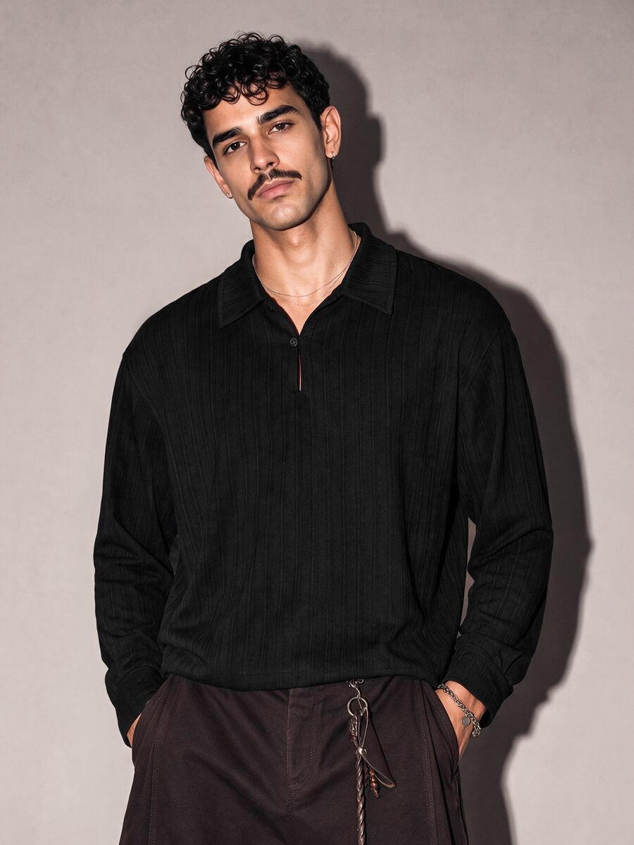 FeverCity Men's Casual Versatile Solid Color Long Sleeve Shirt - Black - View 1