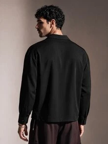 FeverCity Men's Casual Versatile Solid Color Long Sleeve Shirt - Black - View 2